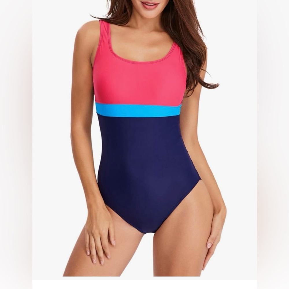 NWOT Pink & Blue Colorblock One Piece Swimsuit Bathing Suit - M